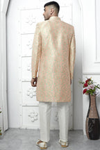 Peach Jacquard Silk Indowestern Suit Long Kurta with Jacket & Pant for Men for Wedding - Jacquard Work