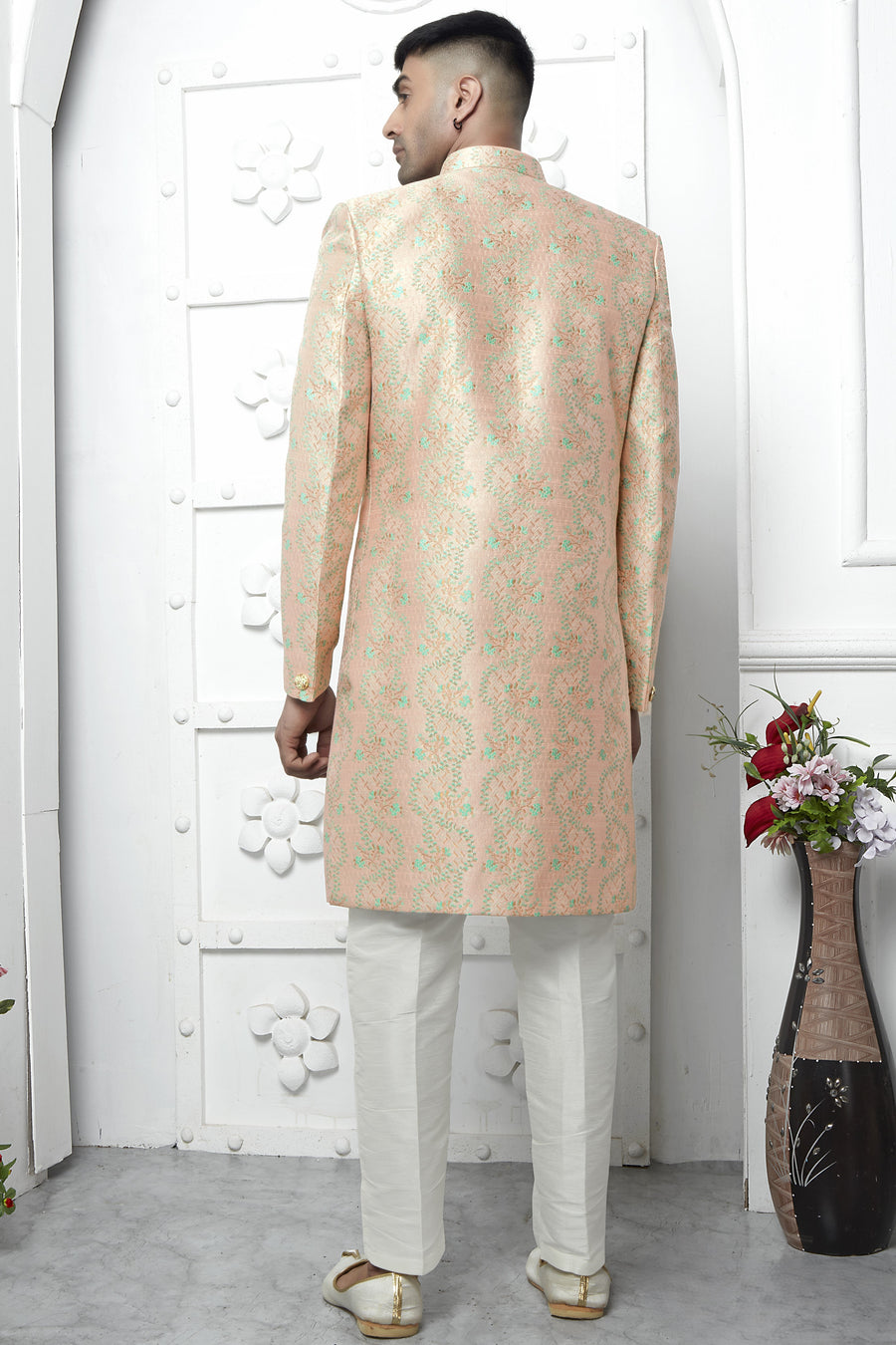 Peach Jacquard Silk Indowestern Suit Long Kurta with Jacket & Pant for Men for Wedding - Jacquard Work