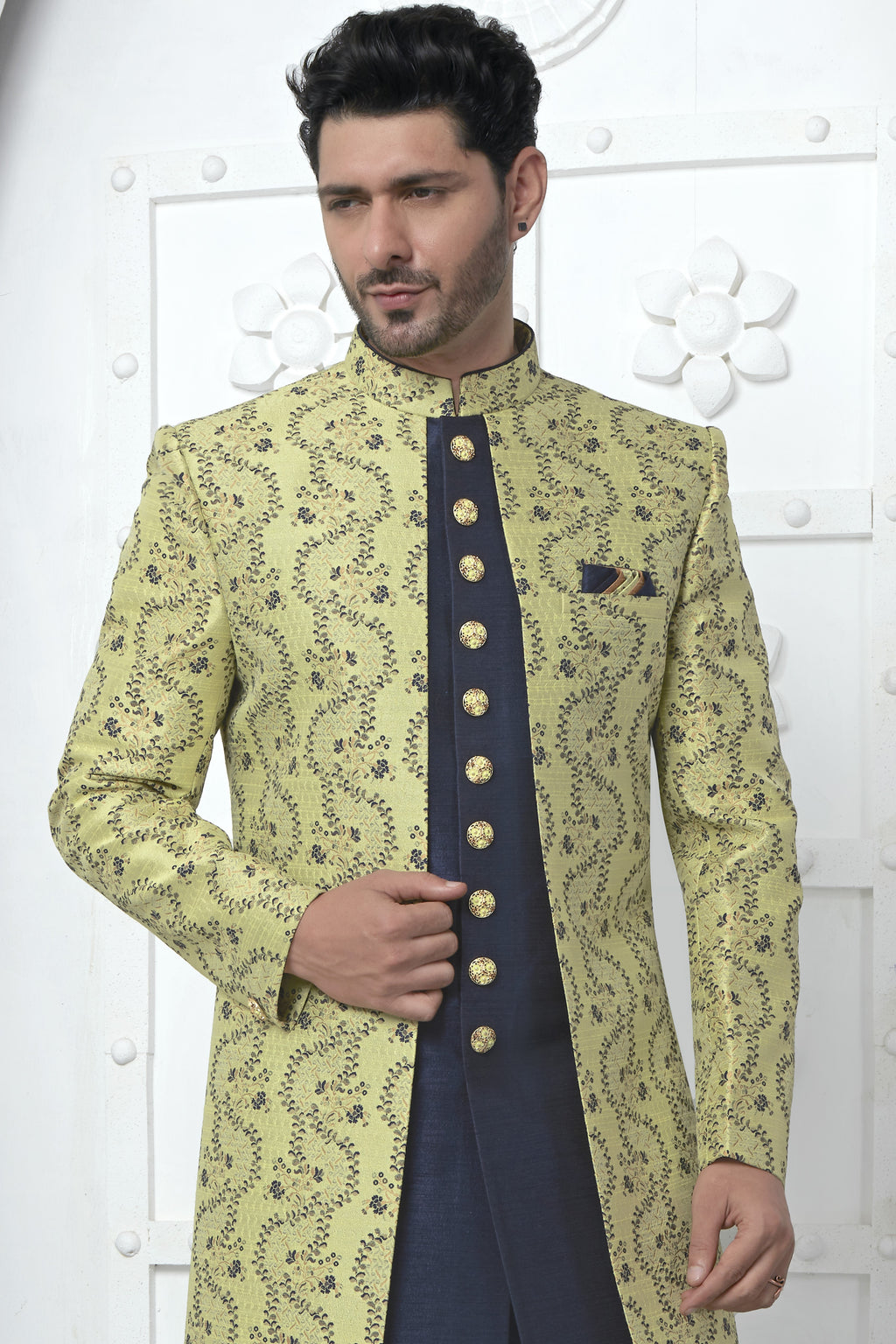 Green Jacquard Silk Indowestern Suit Long Kurta with Jacket & Pant for Men for Wedding - Jacquard Work