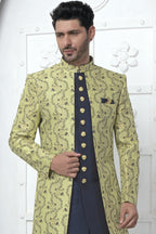 Green Jacquard Silk Indowestern Suit Long Kurta with Jacket & Pant for Men for Wedding - Jacquard Work