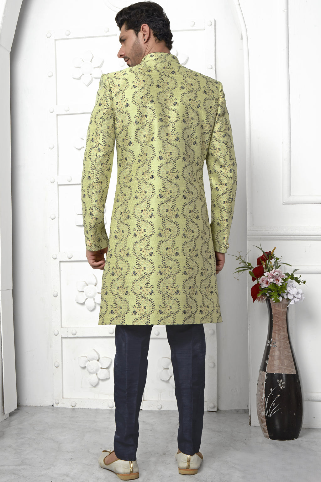Green Jacquard Silk Indowestern Suit Long Kurta with Jacket & Pant for Men for Wedding - Jacquard Work