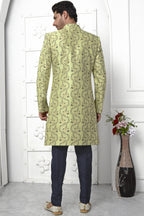 Green Jacquard Silk Indowestern Suit Long Kurta with Jacket & Pant for Men for Wedding - Jacquard Work