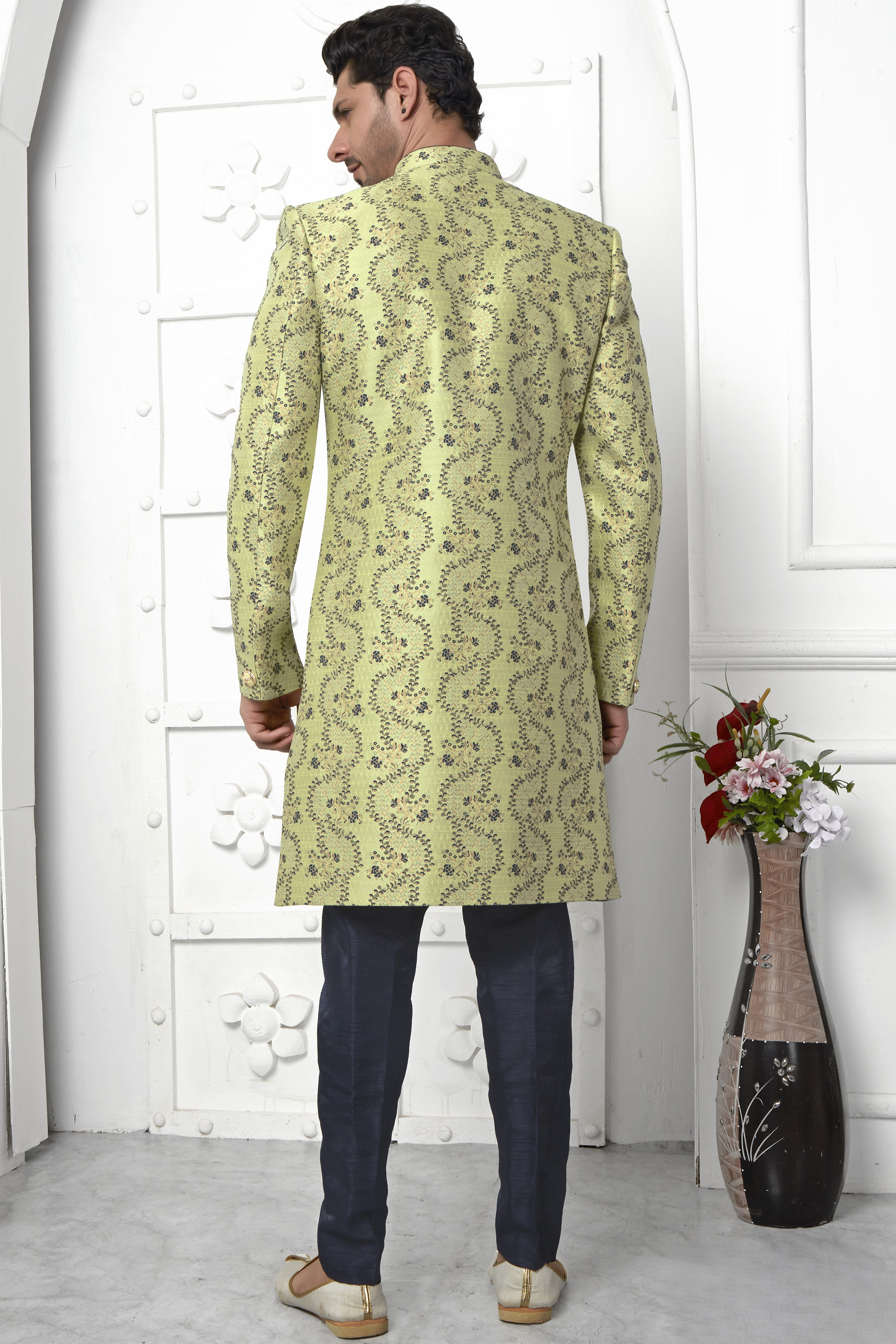 Green Jacquard Silk Indowestern Suit Long Kurta with Jacket & Pant for Men for Wedding - Jacquard Work