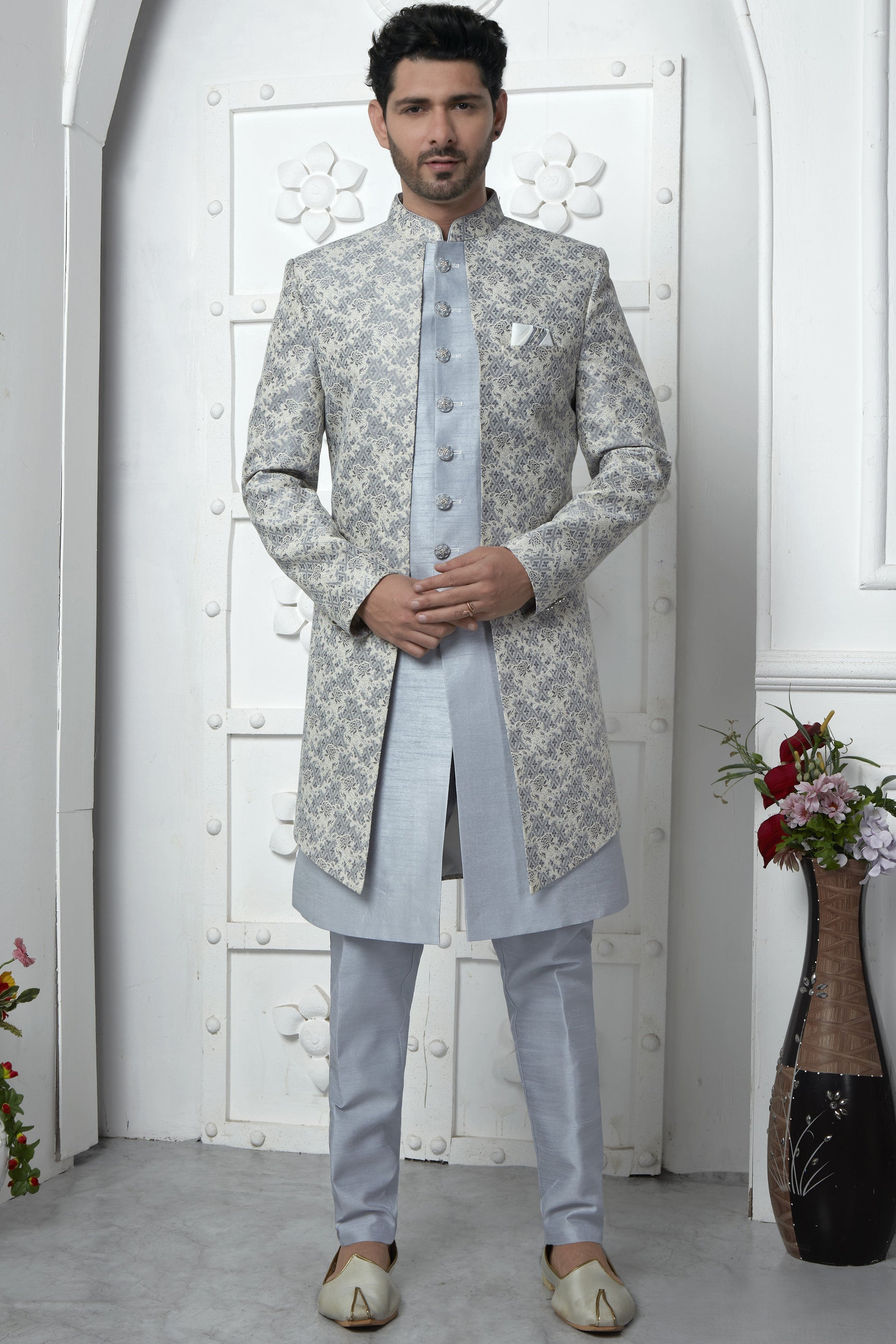 Gray Jacquard Silk Indo Western Suit Long Kurta with Jacket Pant for Men for Wedding Jacquard Work