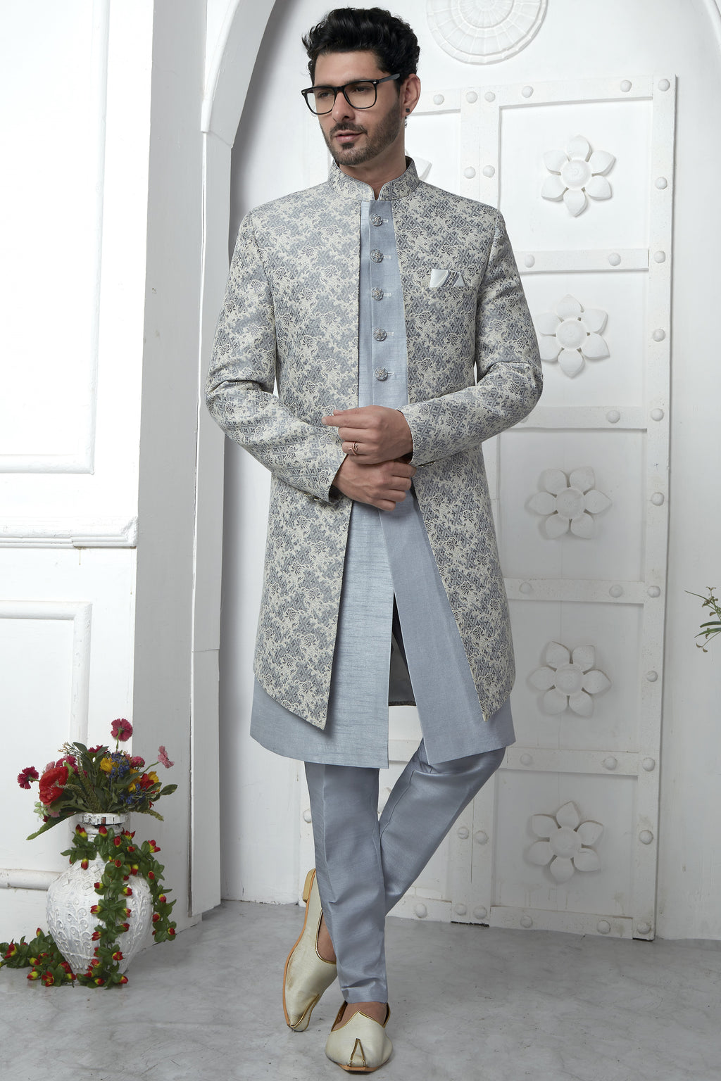 Gray Jacquard Silk Indo Western Suit Long Kurta with Jacket & Pant for Men for Wedding - Jacquard Work