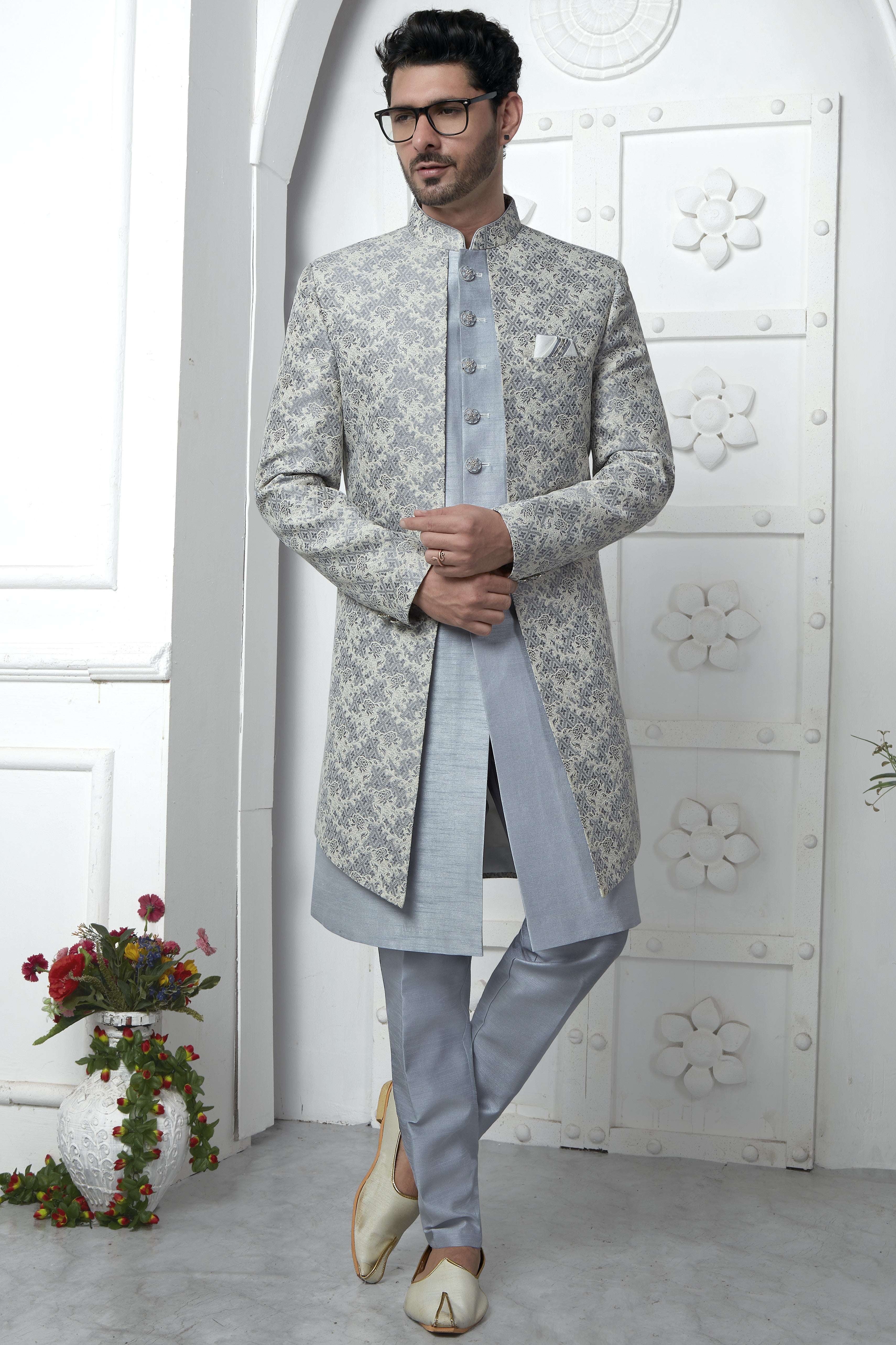 Gray Jacquard Silk Indo Western Suit Long Kurta with Jacket & Pant for Men for Wedding - Jacquard Work