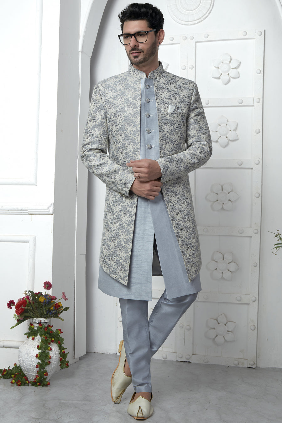 Gray Jacquard Silk Indo Western Suit Long Kurta with Jacket & Pant for Men for Wedding - Jacquard Work