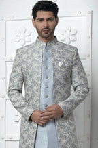Gray Jacquard Silk Indo Western Suit Long Kurta with Jacket & Pant for Men for Wedding - Jacquard Work