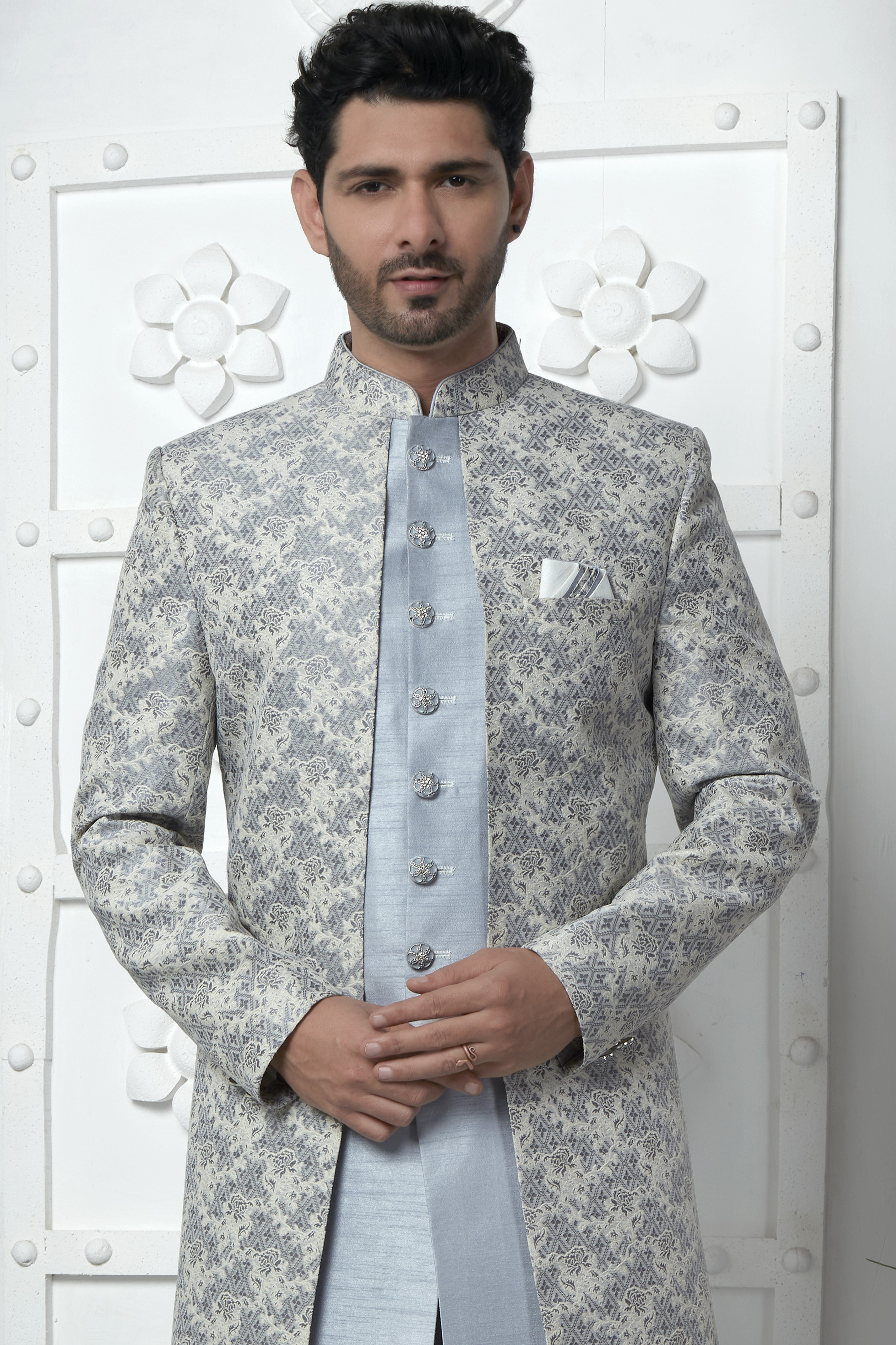 Gray Jacquard Silk Indo Western Suit Long Kurta with Jacket & Pant for Men for Wedding - Jacquard Work