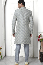 Gray Jacquard Silk Indo Western Suit Long Kurta with Jacket & Pant for Men for Wedding - Jacquard Work