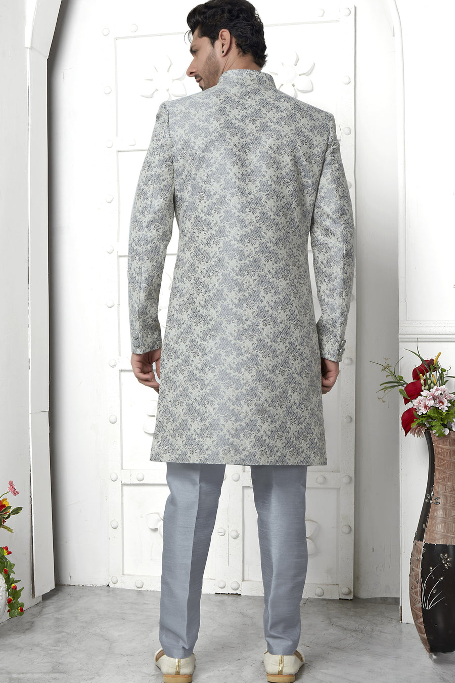 Gray Jacquard Silk Indo Western Suit Long Kurta with Jacket & Pant for Men for Wedding - Jacquard Work