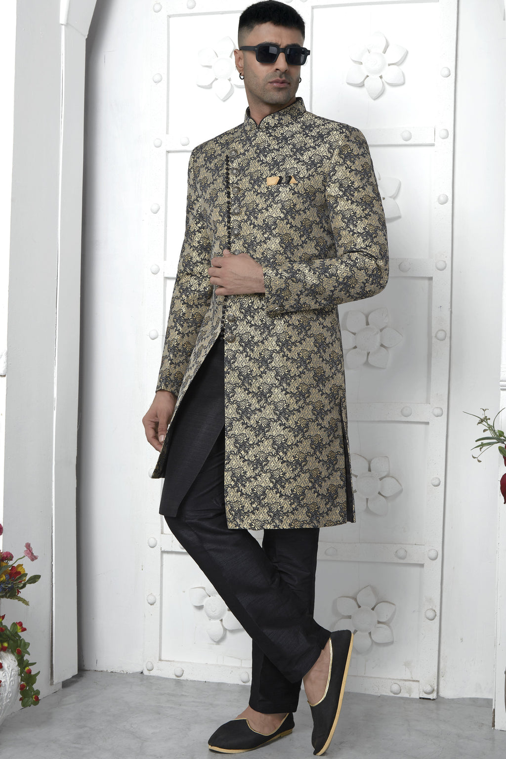 Black Jacquard Silk Indo Western Suit Long Kurta with Jacket & Pant for Men for Wedding - Jacquard Work