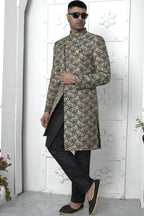 Black Jacquard Silk Indo Western Suit Long Kurta with Jacket & Pant for Men for Wedding - Jacquard Work