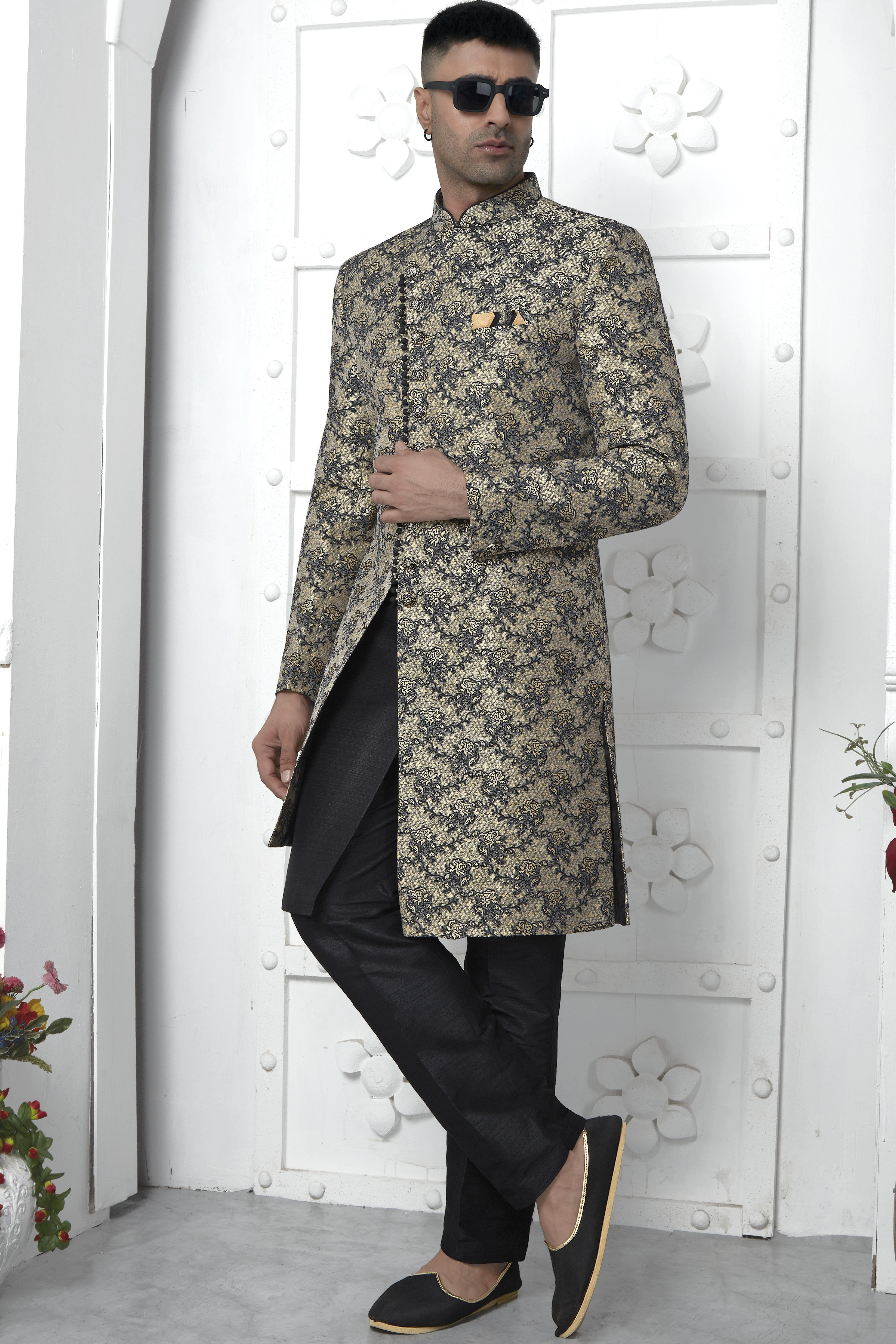 Black Jacquard Silk Indo Western Suit Long Kurta with Jacket & Pant for Men for Wedding - Jacquard Work