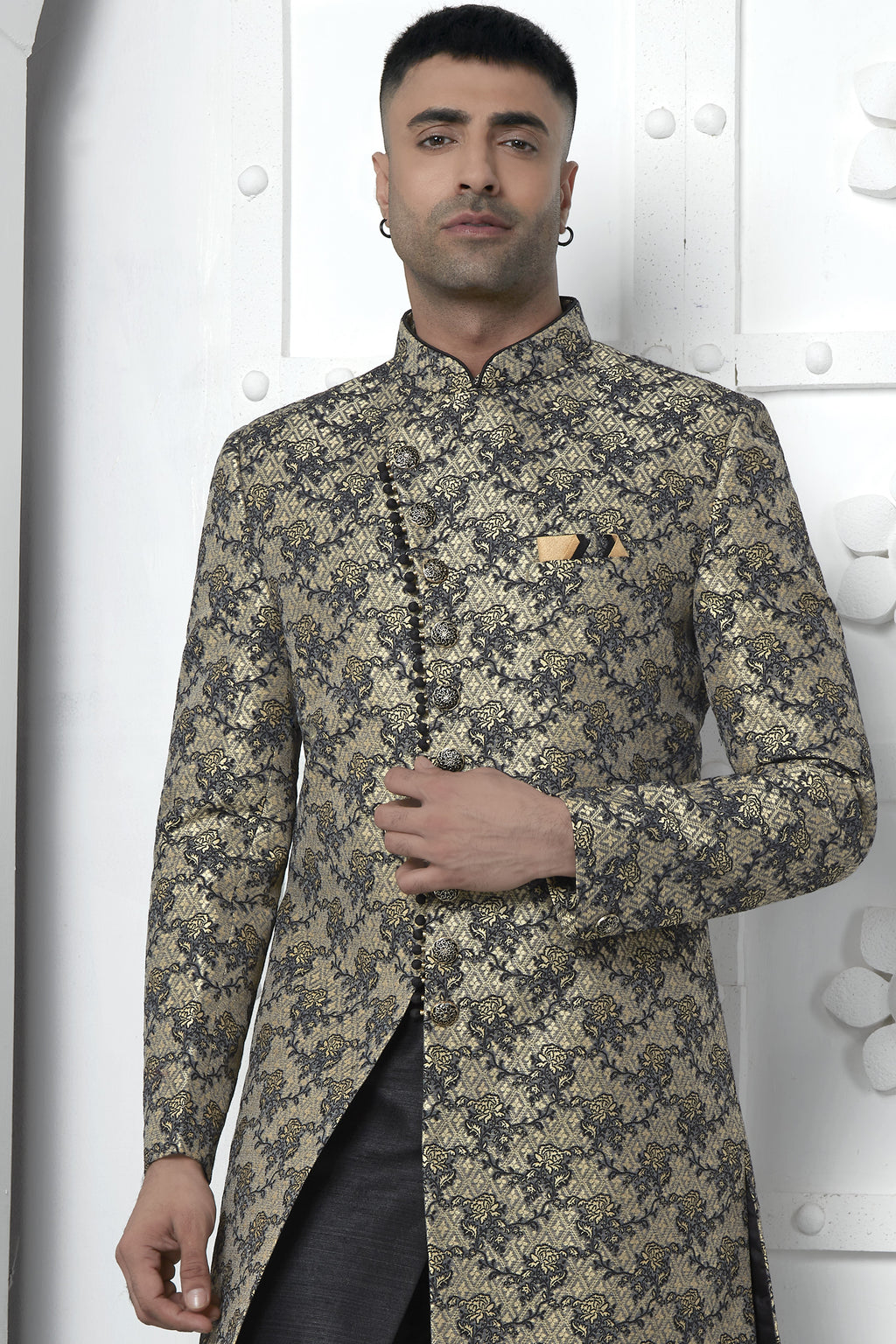 Black Jacquard Silk Indo Western Suit Long Kurta with Jacket & Pant for Men for Wedding - Jacquard Work