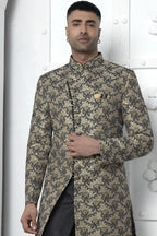 Black Jacquard Silk Indo Western Suit Long Kurta with Jacket & Pant for Men for Wedding - Jacquard Work