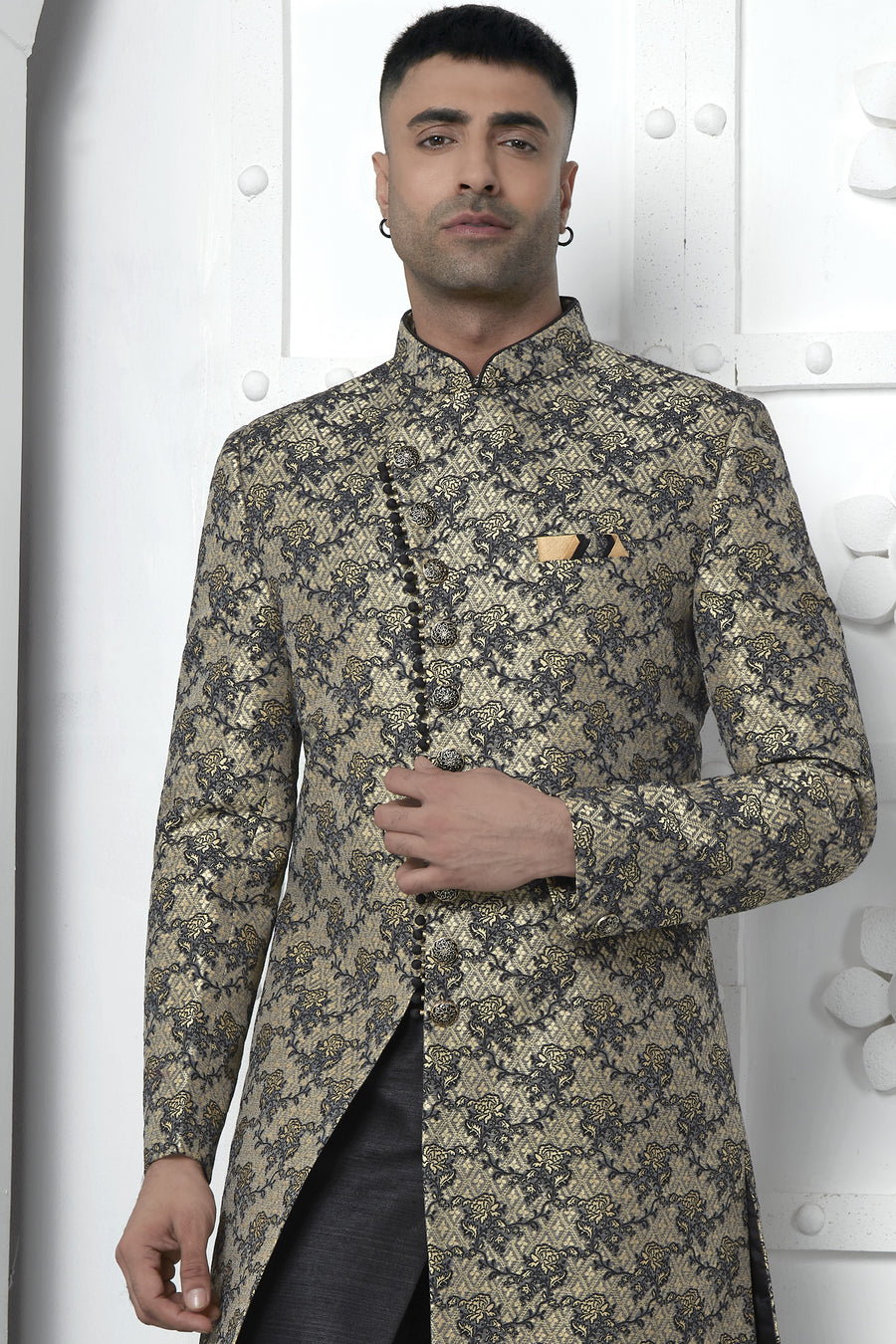 Black Jacquard Silk Indo Western Suit Long Kurta with Jacket & Pant for Men for Wedding - Jacquard Work