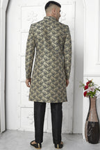 Black Jacquard Silk Indo Western Suit Long Kurta with Jacket & Pant for Men for Wedding - Jacquard Work