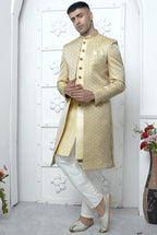 Light Golden Jacquard Silk Indo Western Suit Long Kurta with Jacket & Pant for Men for Wedding - Jacquard Work