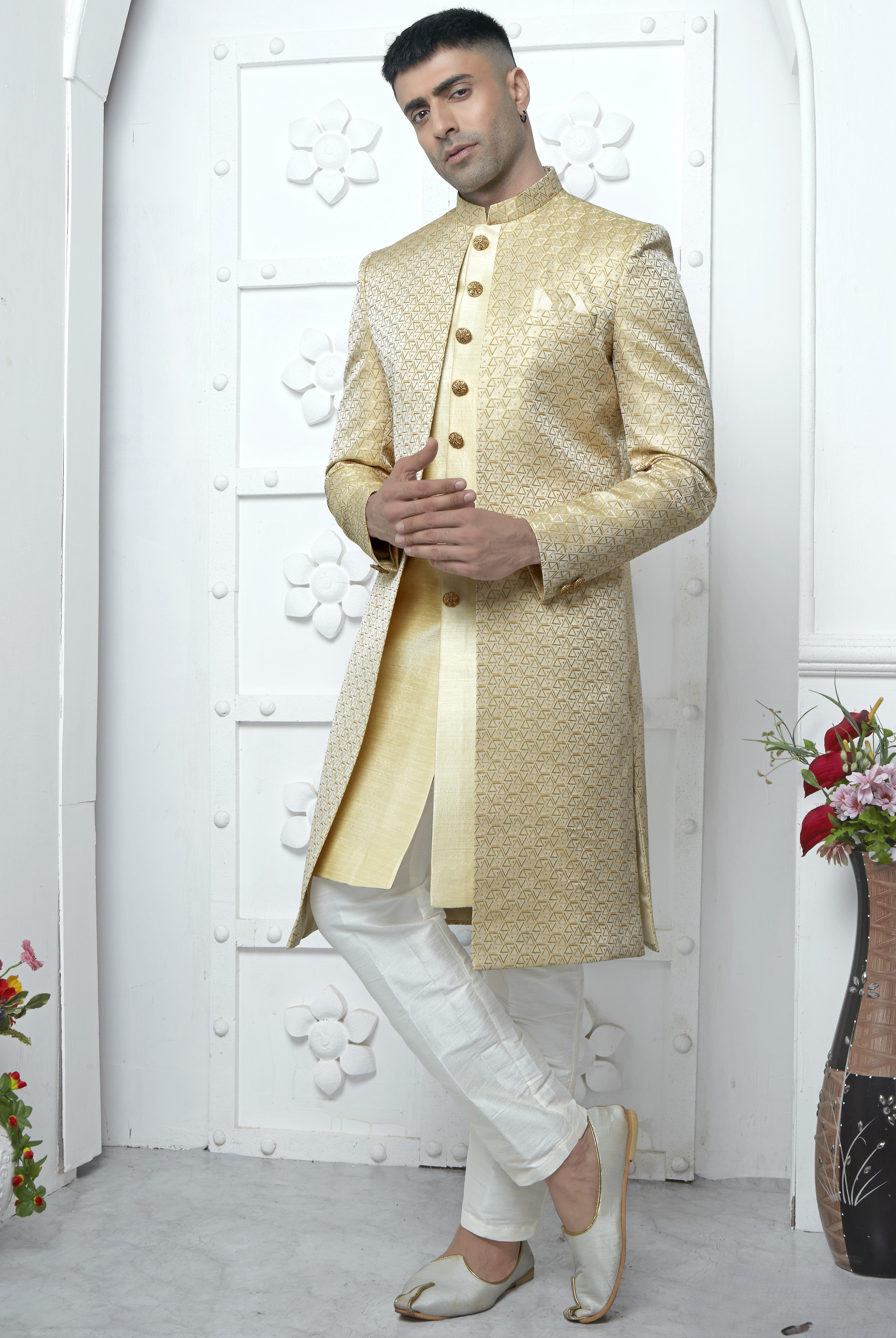 Light Golden Jacquard Silk Indo Western Suit Long Kurta with Jacket & Pant for Men for Wedding - Jacquard Work