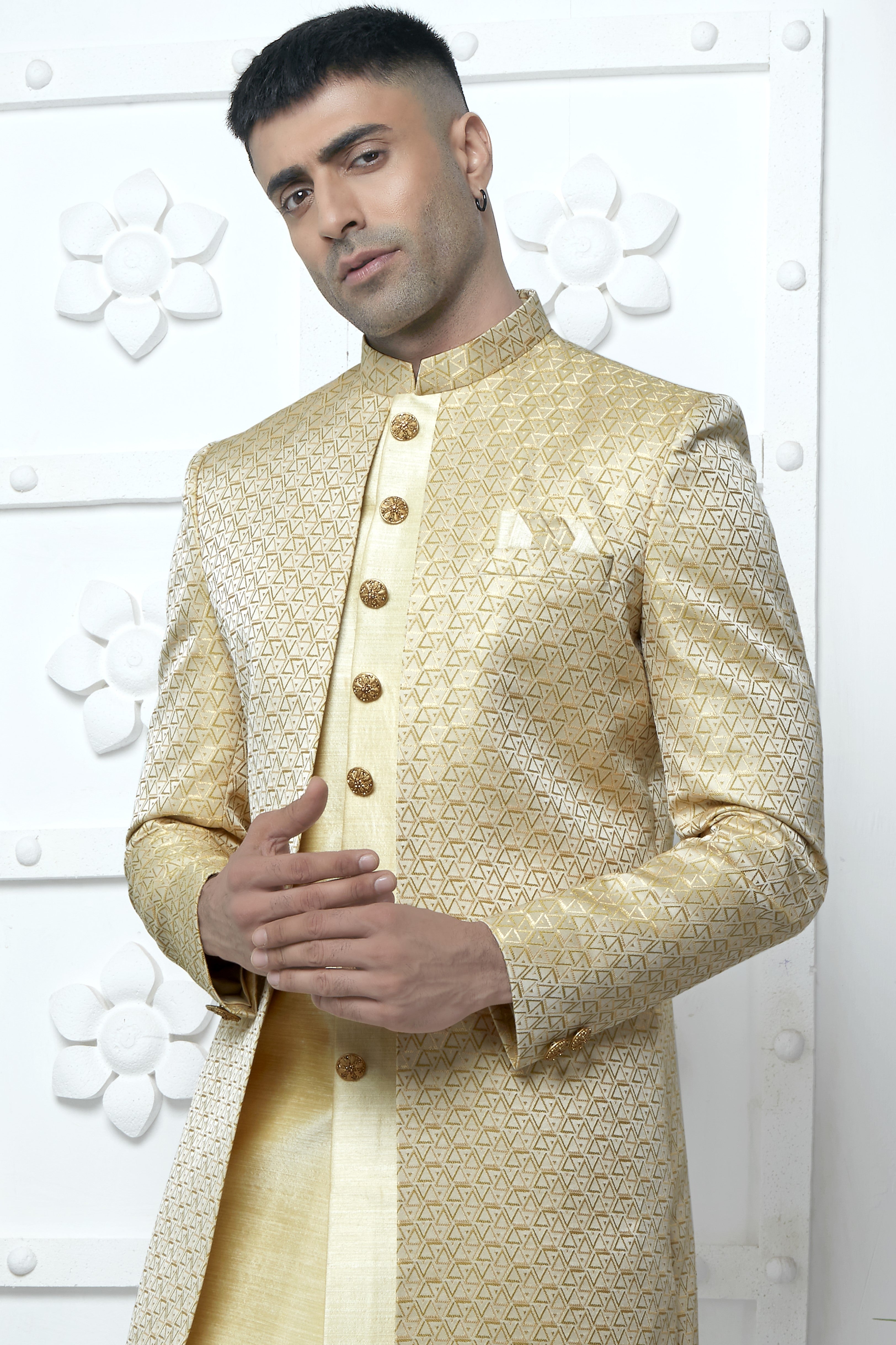 Light Golden Jacquard Silk Indo Western Suit Long Kurta with Jacket & Pant for Men for Wedding - Jacquard Work