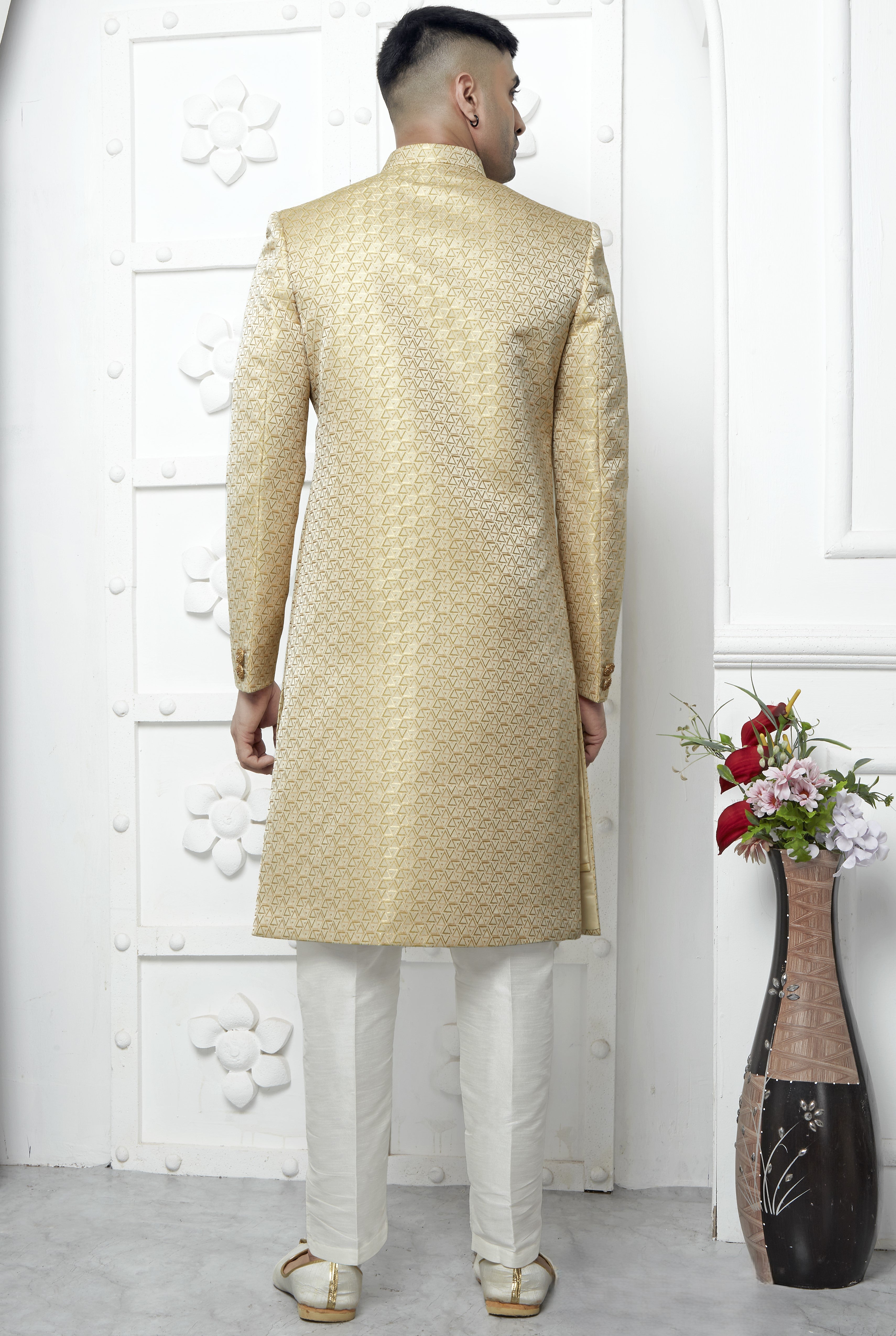 Light Golden Jacquard Silk Indo Western Suit Long Kurta with Jacket & Pant for Men for Wedding - Jacquard Work