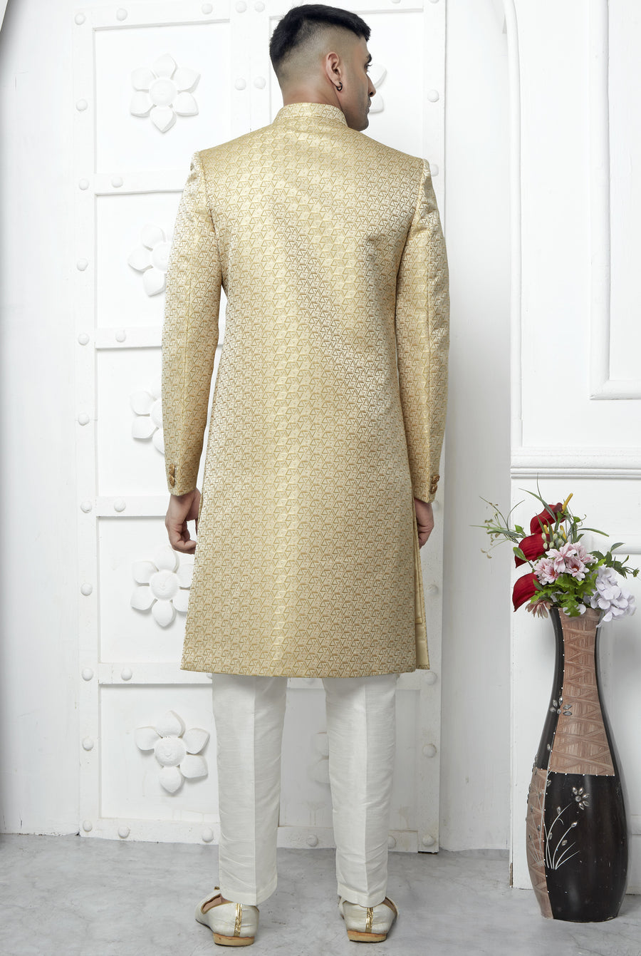 Light Golden Jacquard Silk Indo Western Suit Long Kurta with Jacket & Pant for Men for Wedding - Jacquard Work