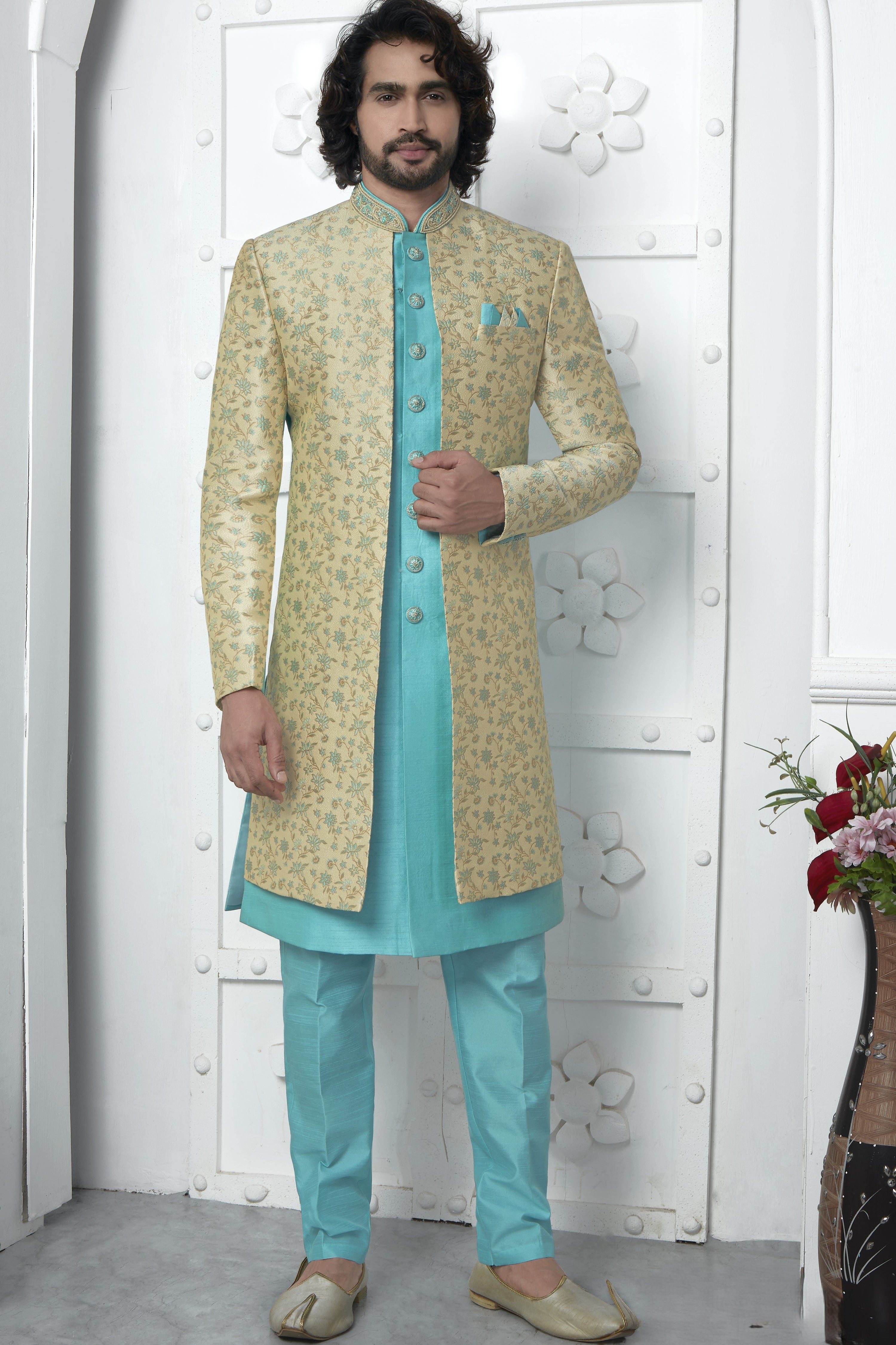 Beige Jacquard Silk Indo Western Suit Long Kurta with Jacket & Pant for Men for Wedding - Jacquard Work