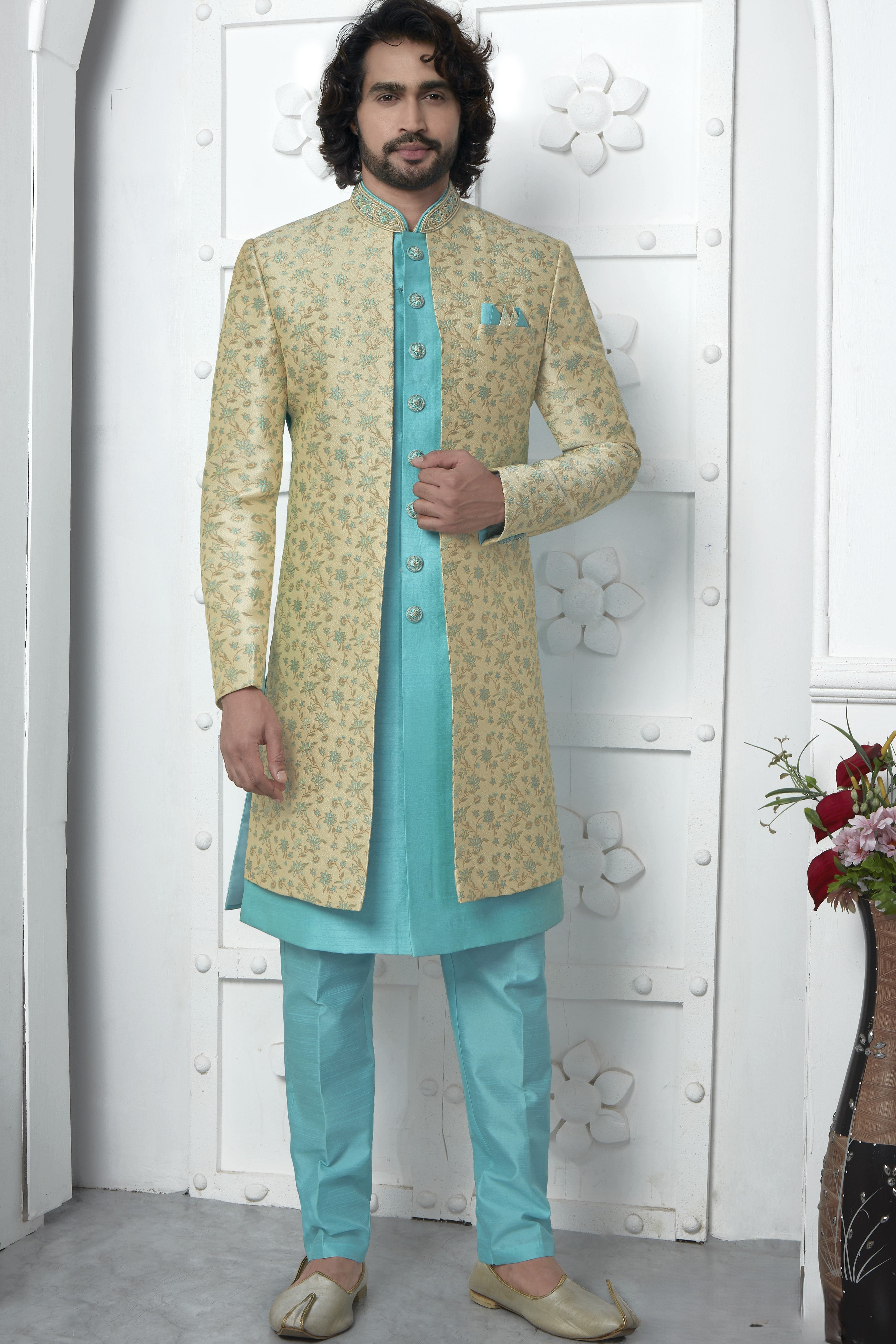 Beige Jacquard Silk Indo Western Suit Long Kurta with Jacket & Pant for Men for Wedding - Jacquard Work