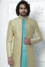 Beige Jacquard Silk Indo Western Suit Long Kurta with Jacket & Pant for Men for Wedding - Jacquard Work