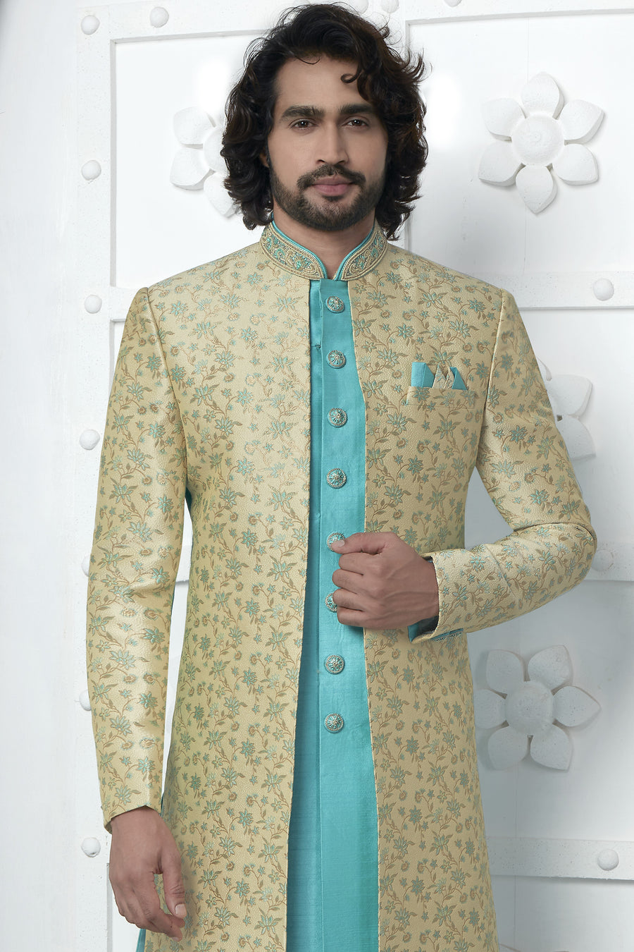 Beige Jacquard Silk Indo Western Suit Long Kurta with Jacket & Pant for Men for Wedding - Jacquard Work