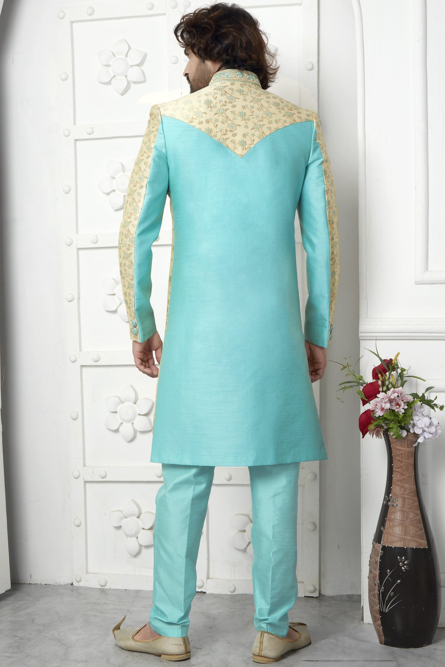 Beige Jacquard Silk Indo Western Suit Long Kurta with Jacket & Pant for Men for Wedding - Jacquard Work