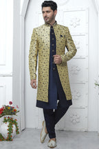 Dark Beige Jacquard Silk Indo Western Suit Long Kurta with Jacket & Pant for Men for Wedding - Jacquard Work