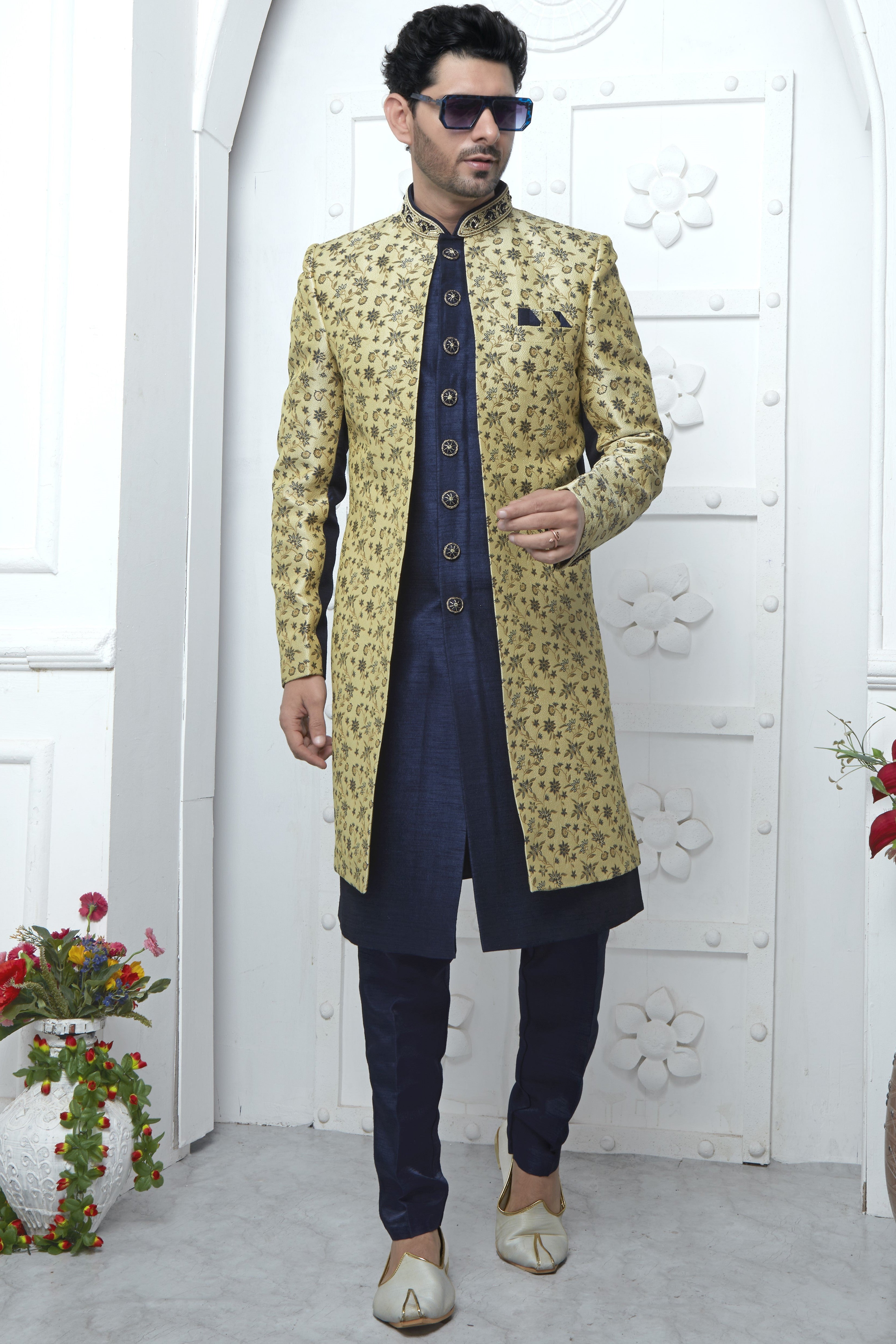 Dark Beige Jacquard Silk Indo Western Suit Long Kurta with Jacket & Pant for Men for Wedding - Jacquard Work