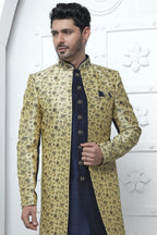 Dark Beige Jacquard Silk Indo Western Suit Long Kurta with Jacket & Pant for Men for Wedding - Jacquard Work