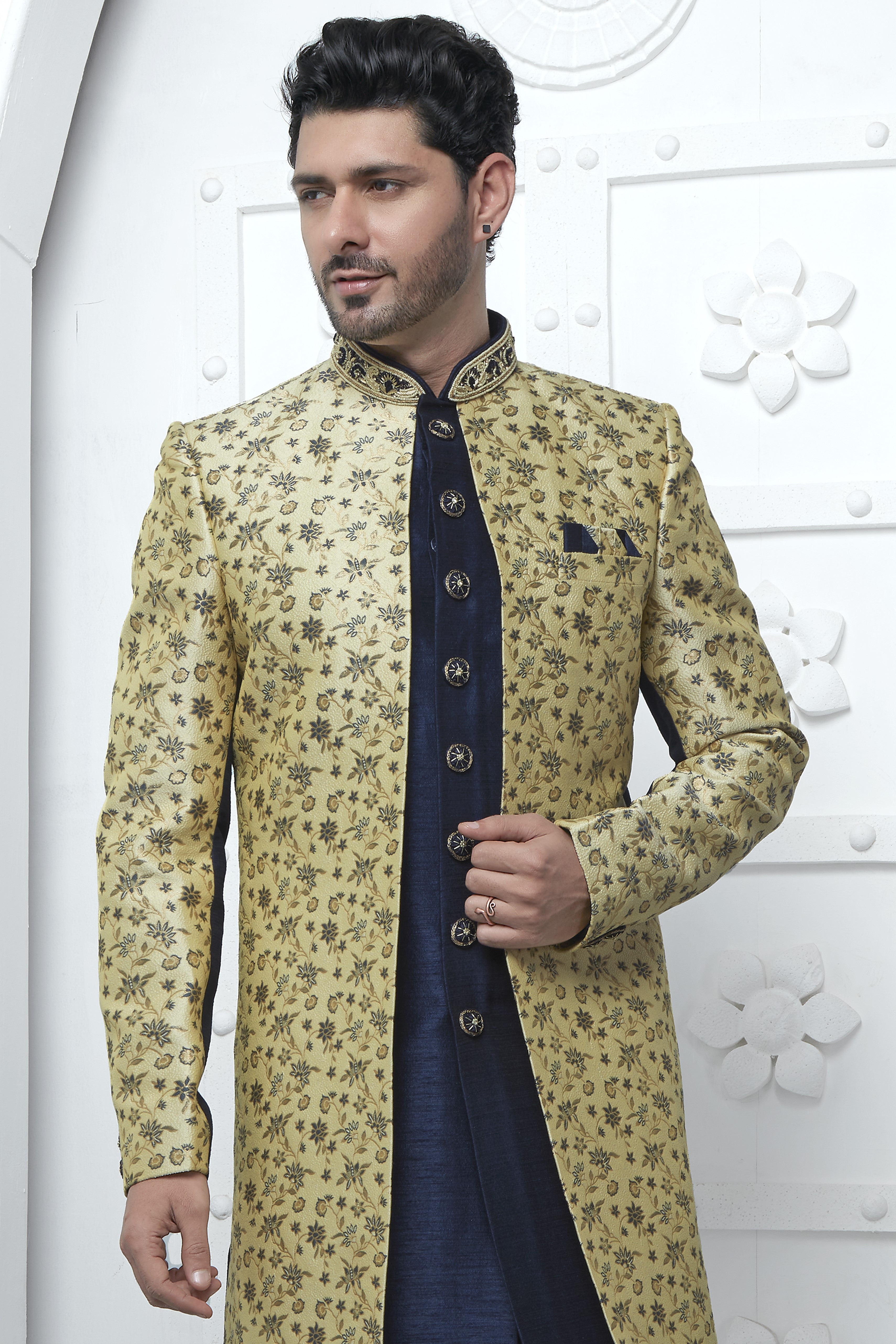 Dark Beige Jacquard Silk Indo Western Suit Long Kurta with Jacket & Pant for Men for Wedding - Jacquard Work