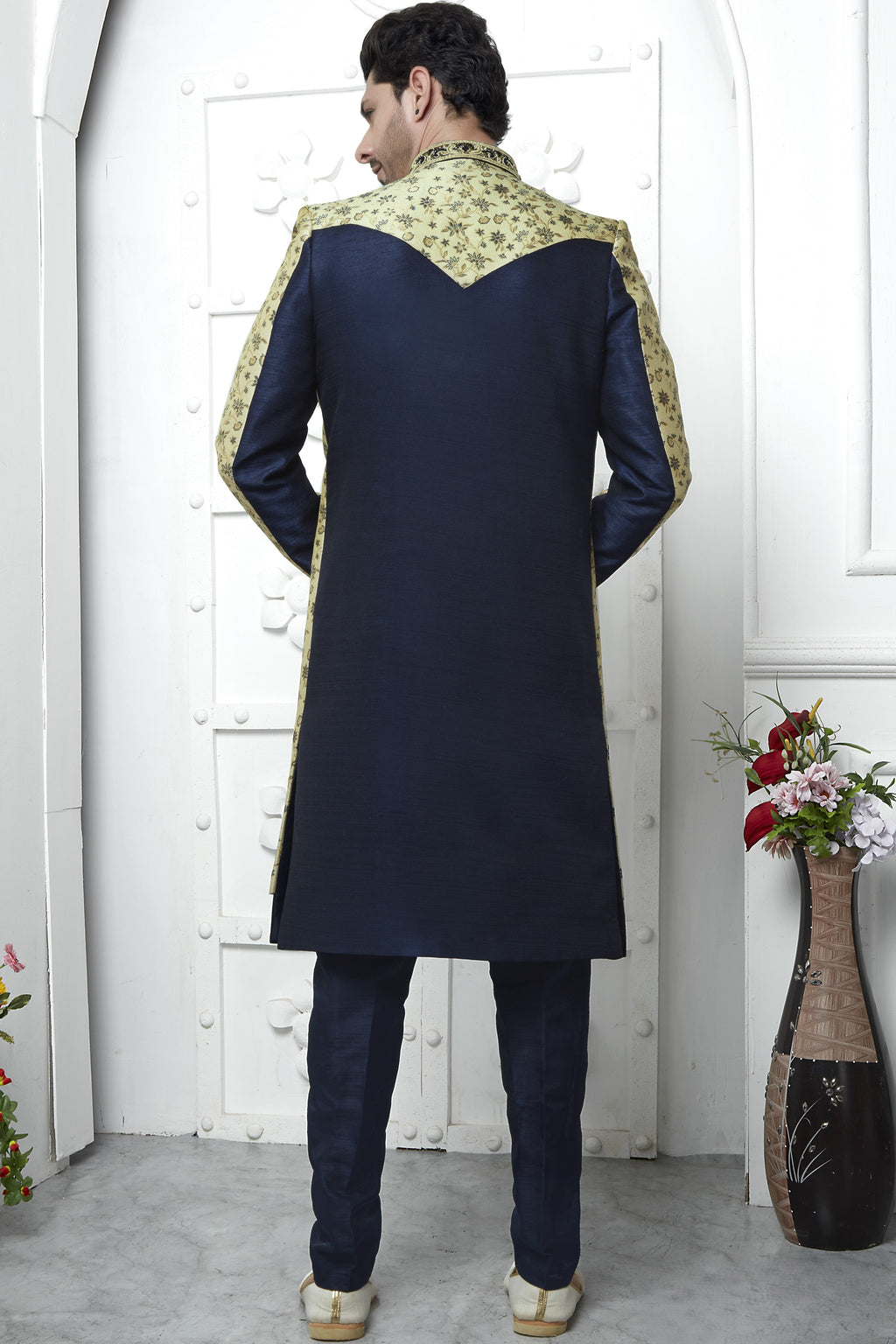 Dark Beige Jacquard Silk Indo Western Suit Long Kurta with Jacket & Pant for Men for Wedding - Jacquard Work