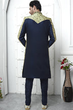 Dark Beige Jacquard Silk Indo Western Suit Long Kurta with Jacket & Pant for Men for Wedding - Jacquard Work