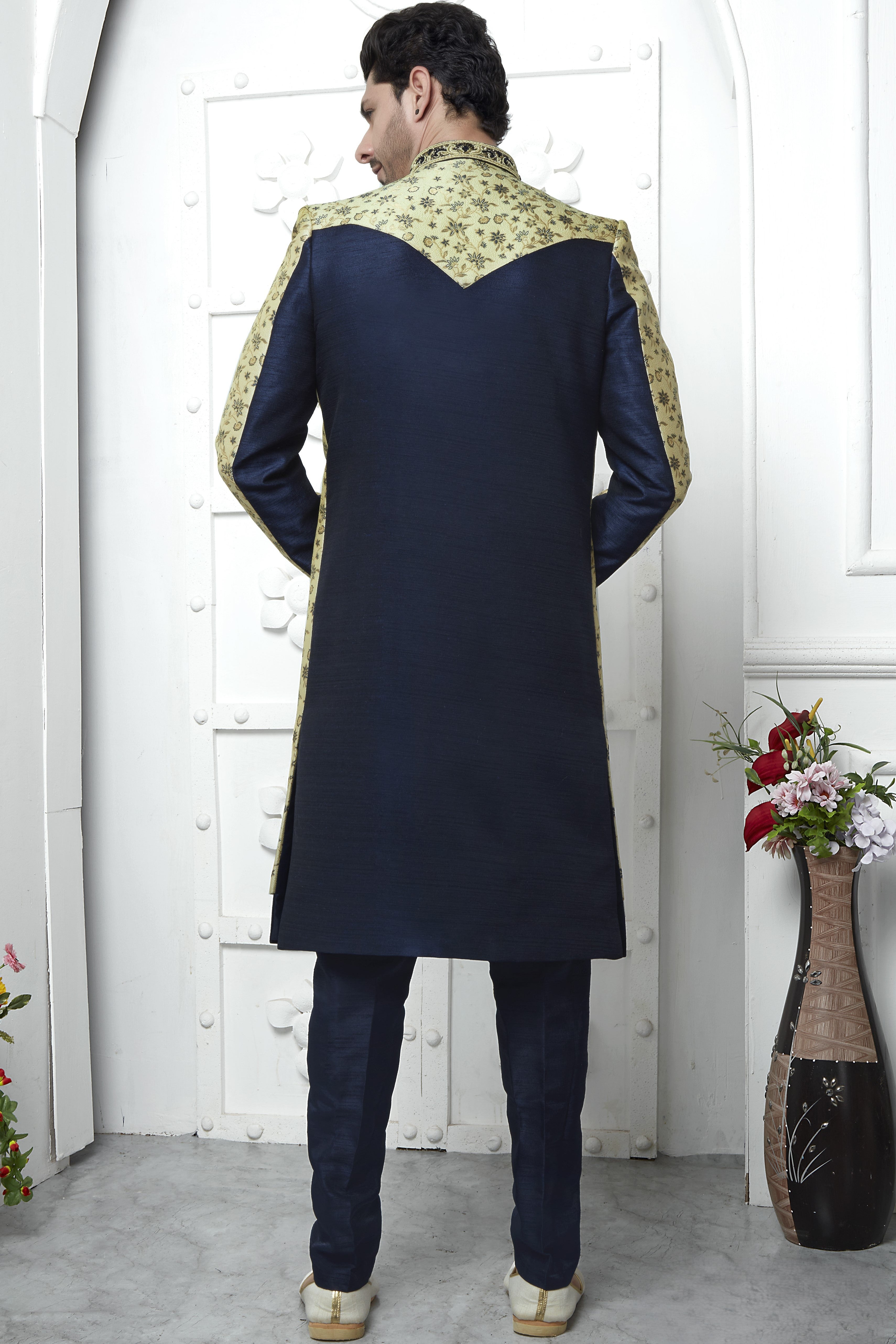 Dark Beige Jacquard Silk Indo Western Suit Long Kurta with Jacket & Pant for Men for Wedding - Jacquard Work