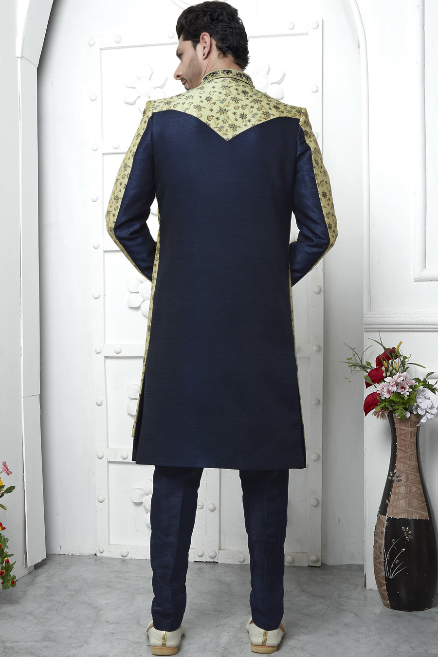 Dark Beige Jacquard Silk Indo Western Suit Long Kurta with Jacket & Pant for Men for Wedding - Jacquard Work
