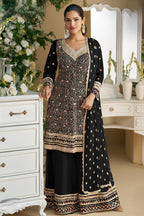 Black Georgette Kameez With Palazzo Suit For Indian & Pakistani Wedding Festival - Thread & Sequence Embroidery