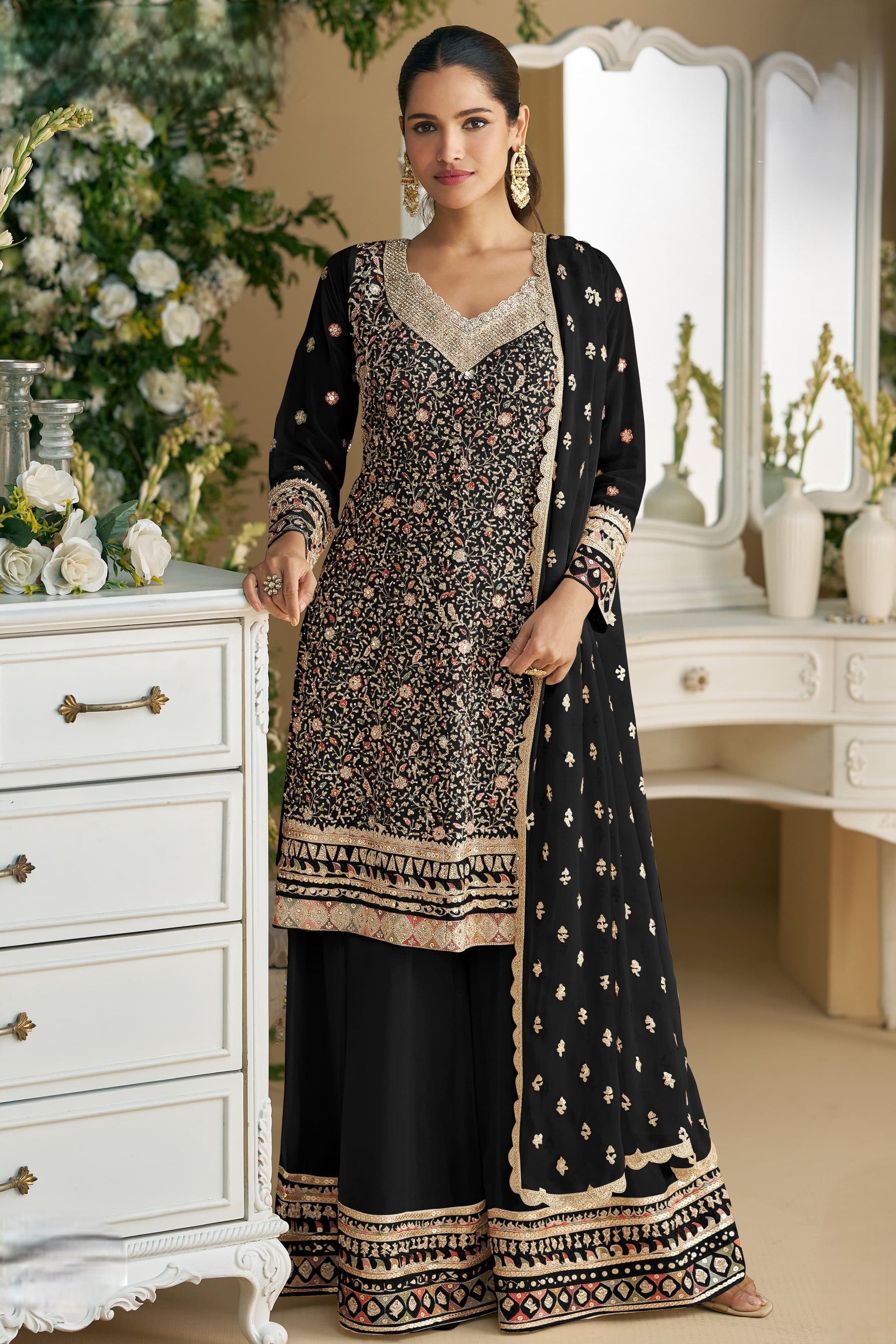 Black Georgette Kameez With Palazzo Suit For Indian & Pakistani Wedding Festival - Thread & Sequence Embroidery