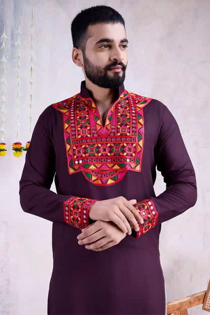 Purple Rayon Kurta Pyjama for Men For Navratri Garba Festivals - Embroidery Work, Real Mirror Work