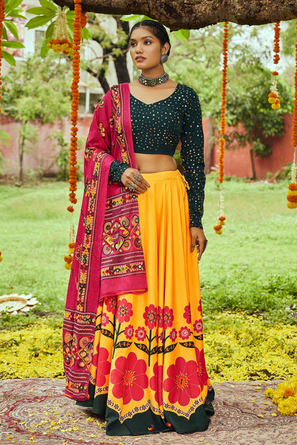 Yellow Cotton Chaniya Choli For Navratri Garba Festivals 8 Meter Flair - Aari Work, Mirror Work, Print Work