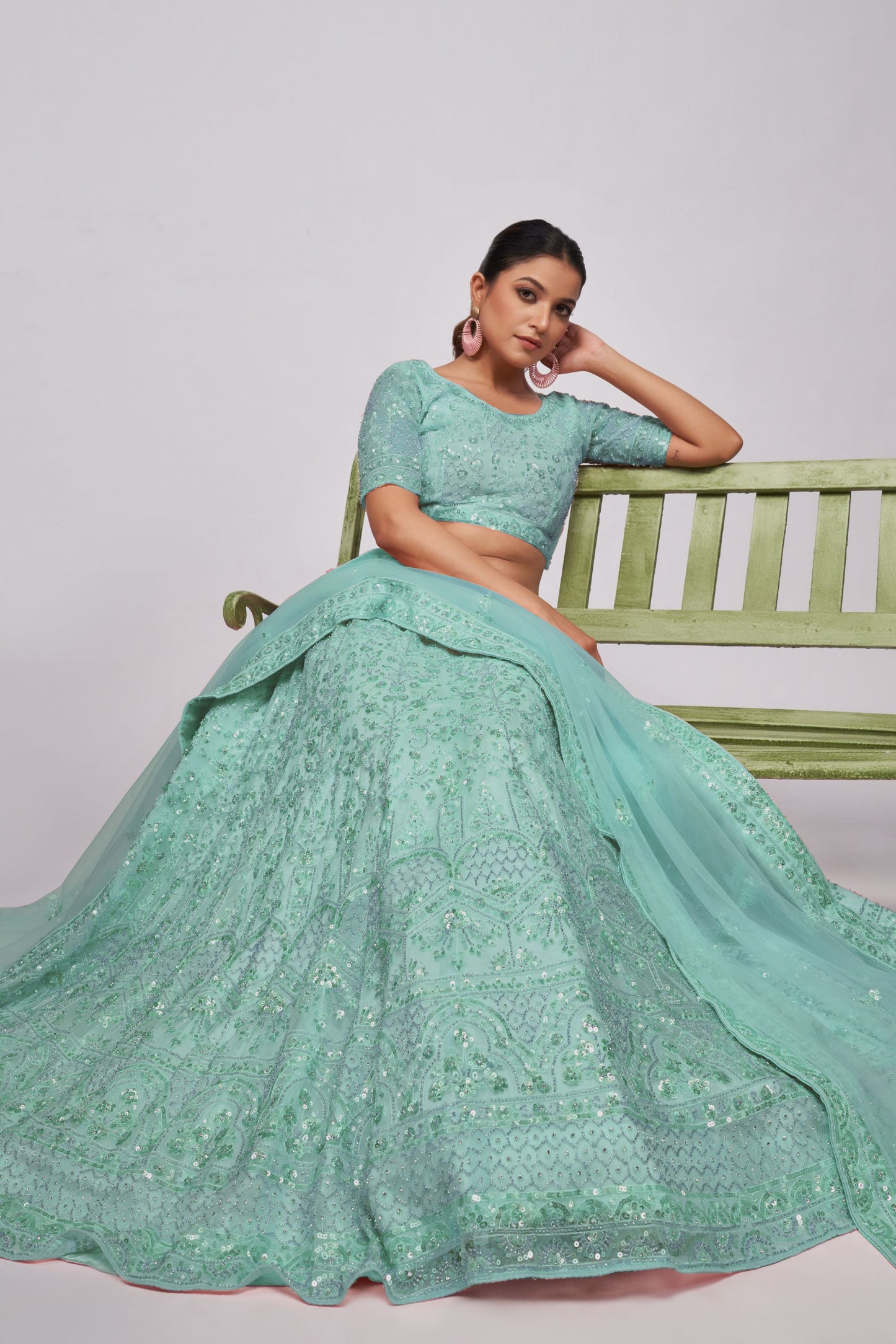 Seafoam Green Soft Net Lehenga Choli For Indian Festivals & Weddings - Sequins Work, Bead Work