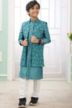 Teal Art Silk 3 Piece Kids Wear Boys Suit Kurta Pajama with Waistcoat Nehru Jacket for Kids for Festivals & Wedding - Embroidery Work