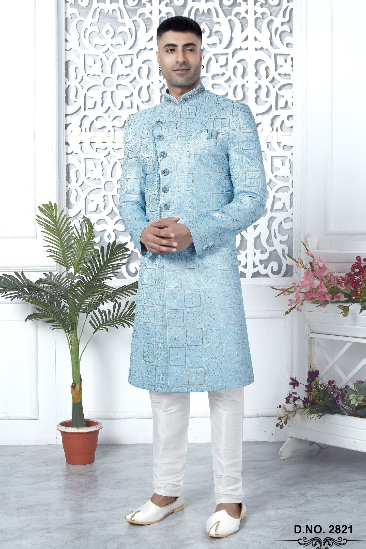 Baby Blue Art Silk Sherwani for Men Wedding