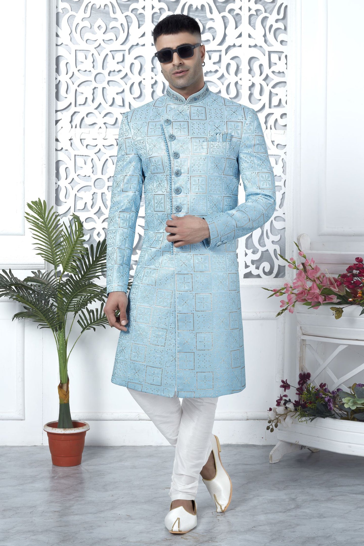 Baby Blue Art Silk Sherwani for Men Wedding