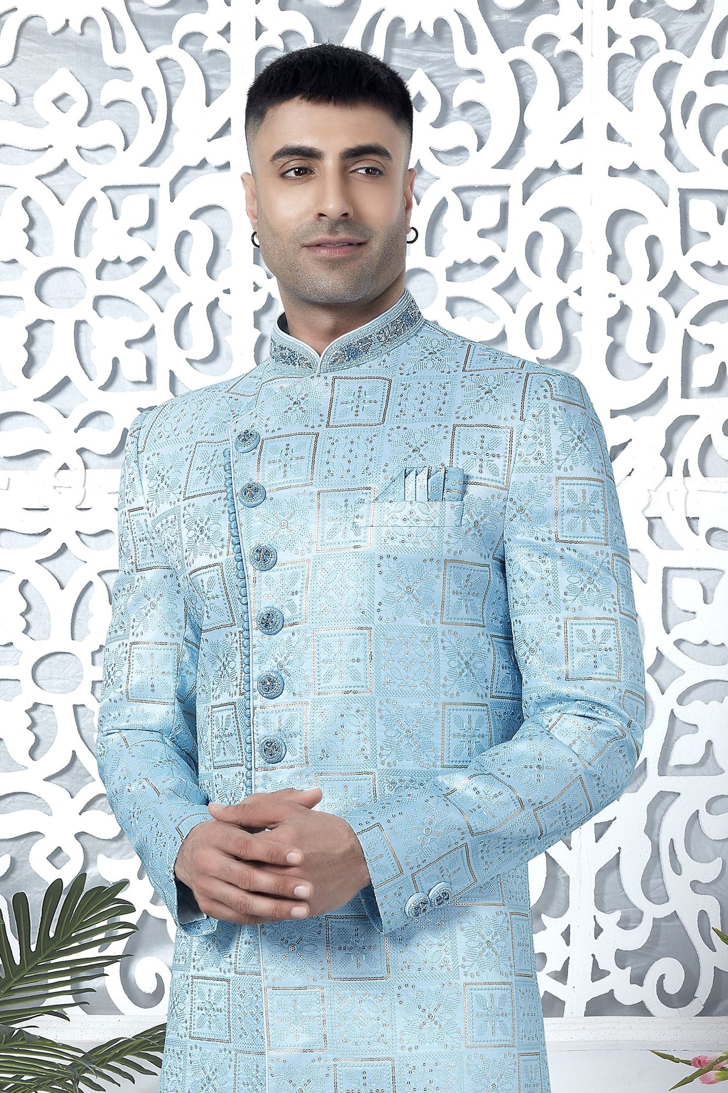 Baby Blue Art Silk Sherwani for Men Wedding
