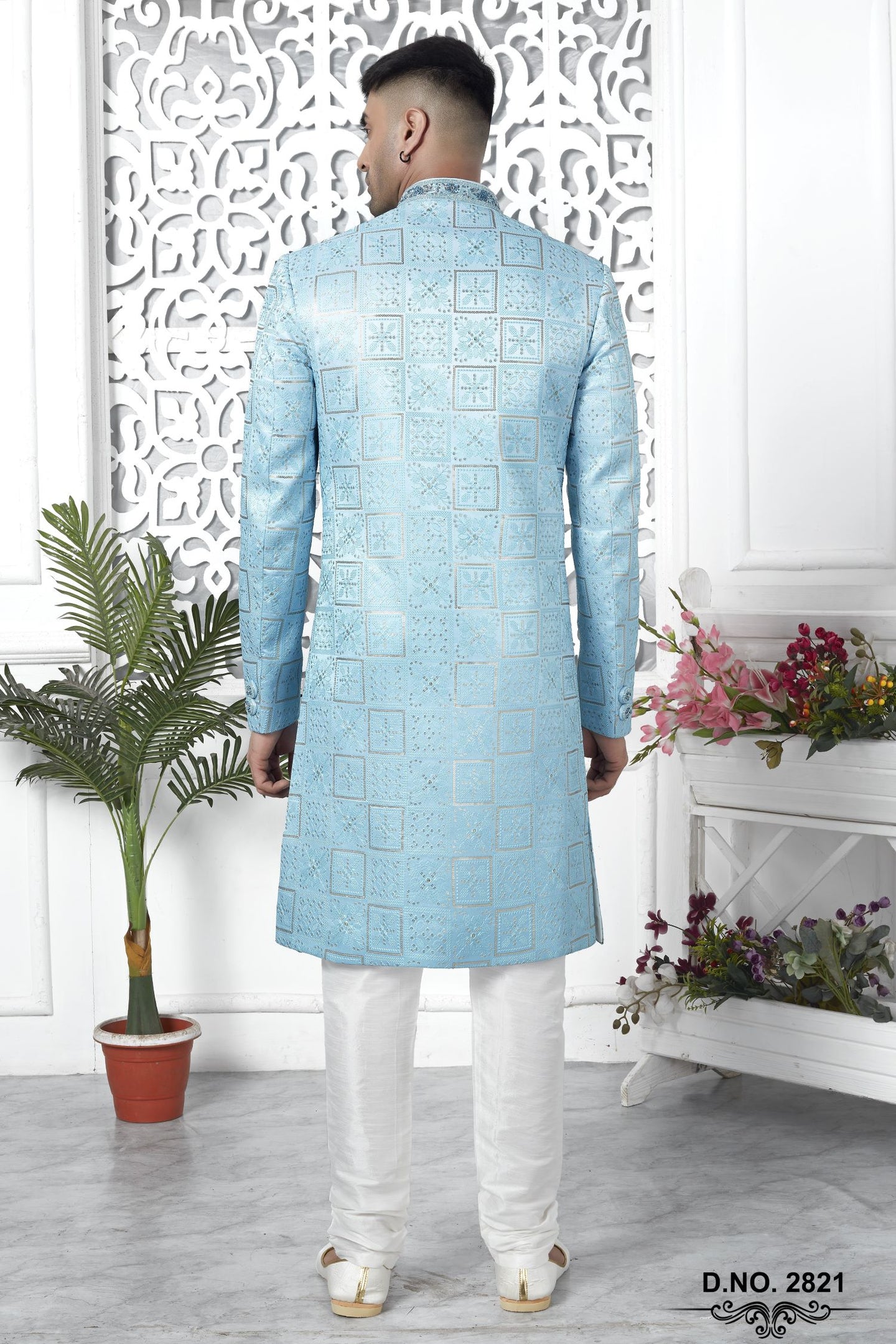 Baby Blue Art Silk Sherwani for Men Wedding